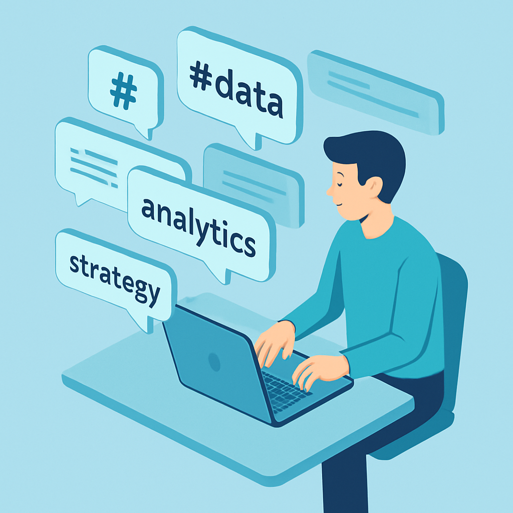 🖼️ Prompt 3 – Supporting Illustration for Article Sections An isometric illustration of a person at a laptop analyzing multiple public posts popping up like chat bubbles with hashtags and keywords, representing “tracking mentions”. Color palette: blue, teal, and light grey. Style: clean, flat isometric vector art, no text overlay, 1:1 square ratio, 4K resolution.
